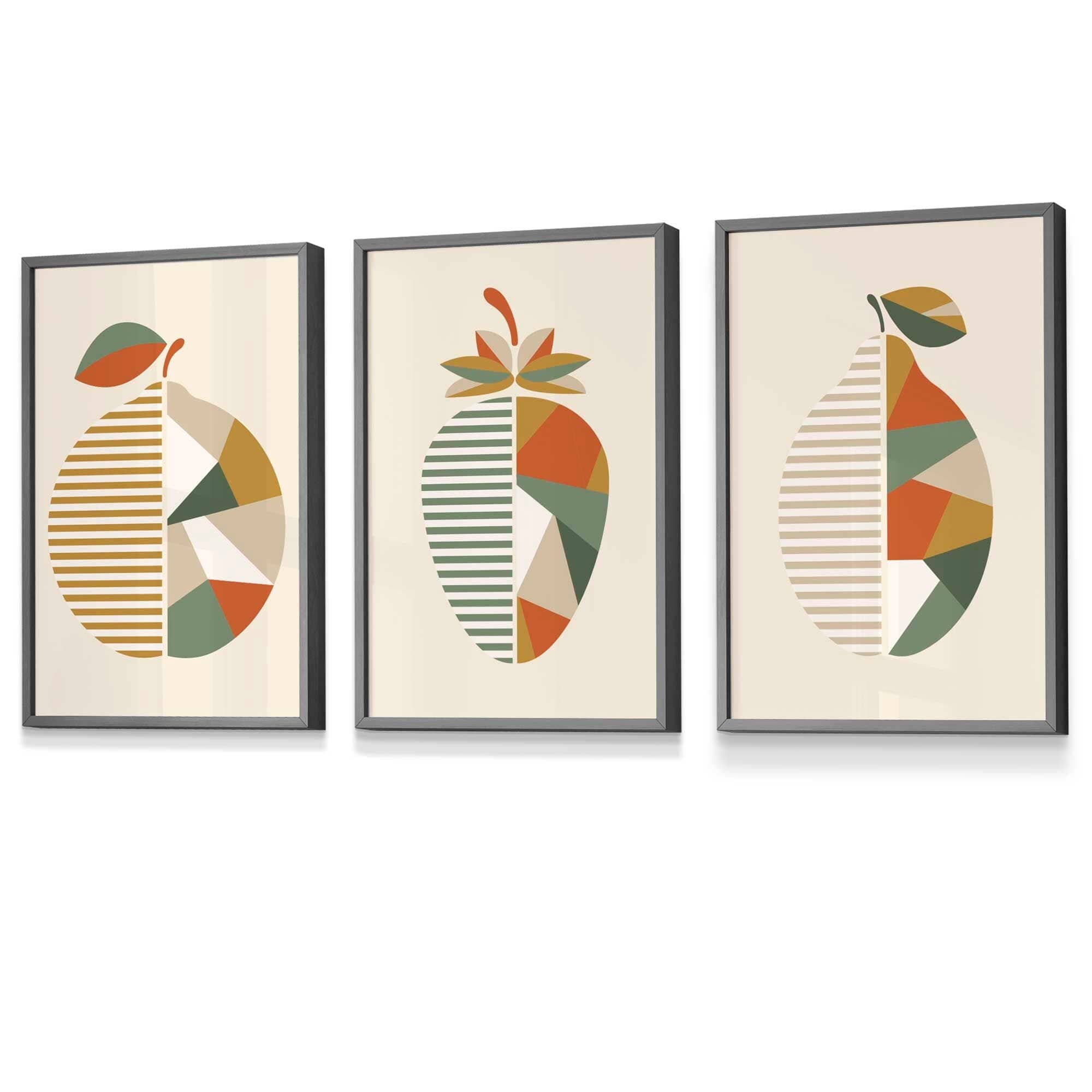Set of 3 Autumn Geometric Lemon, Strawberry Fruit Framed Wall Art in Shades of Orange and Green | Artze Wall Art UK