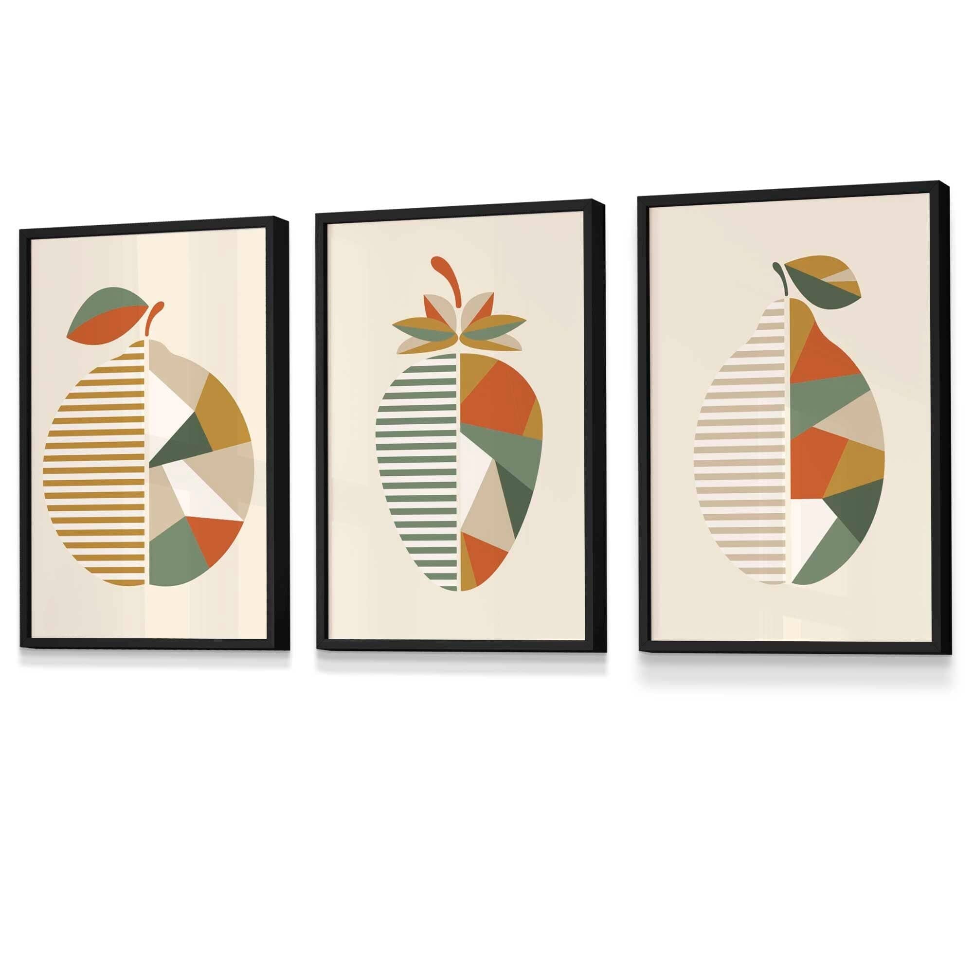 Set of 3 Autumn Geometric Lemon, Strawberry Fruit Framed Wall Art in Shades of Orange and Green | Artze Wall Art UK