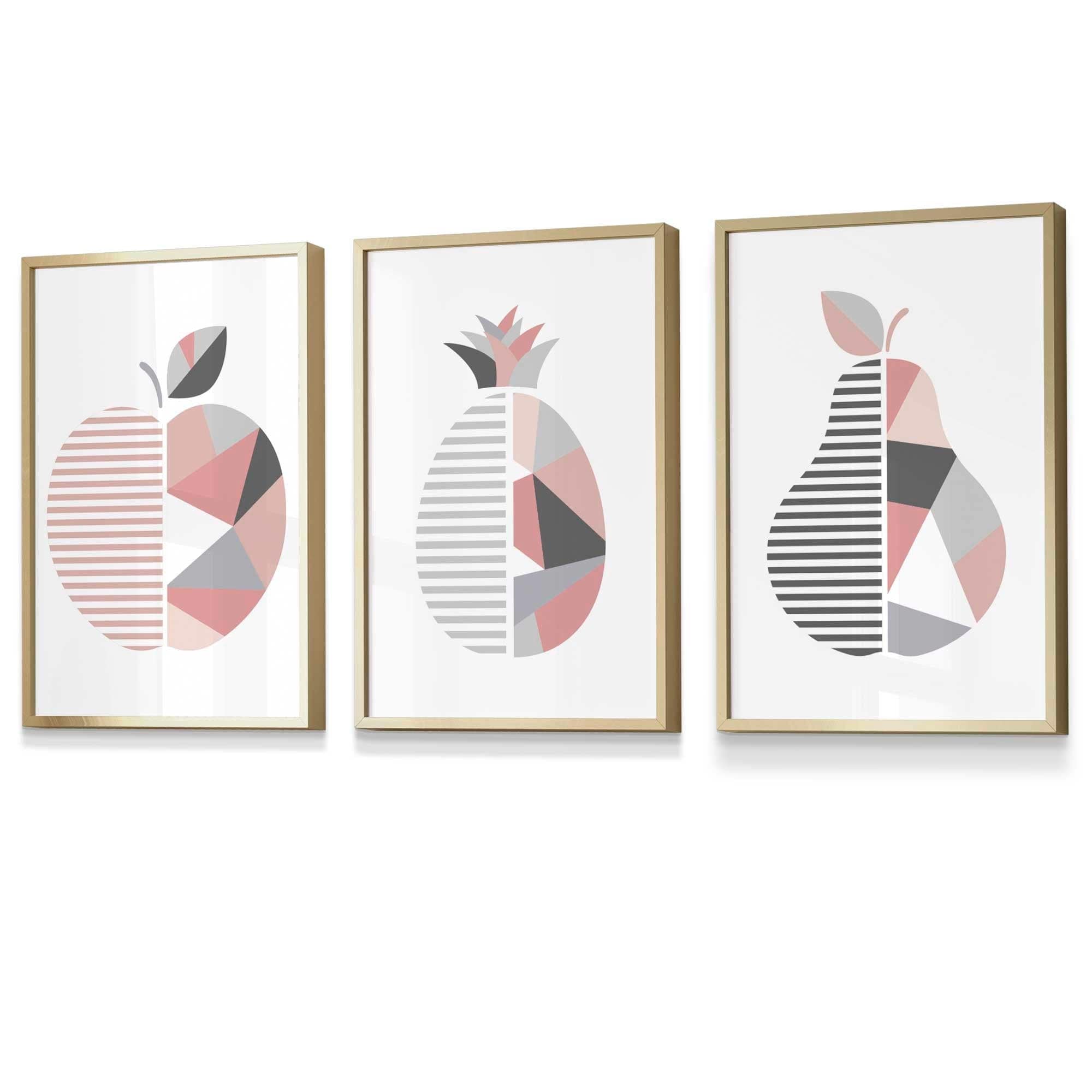 Set of 3 FRAMED Blush Pink and Grey Geometric Line Wall Art Fruit Featuring Apple Pear and Pineapple | Artze Wall Art UK