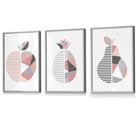 Set of 3 FRAMED Blush Pink and Grey Geometric Line Wall Art Fruit Featuring Apple Pear and Pineapple | Artze Wall Art UK