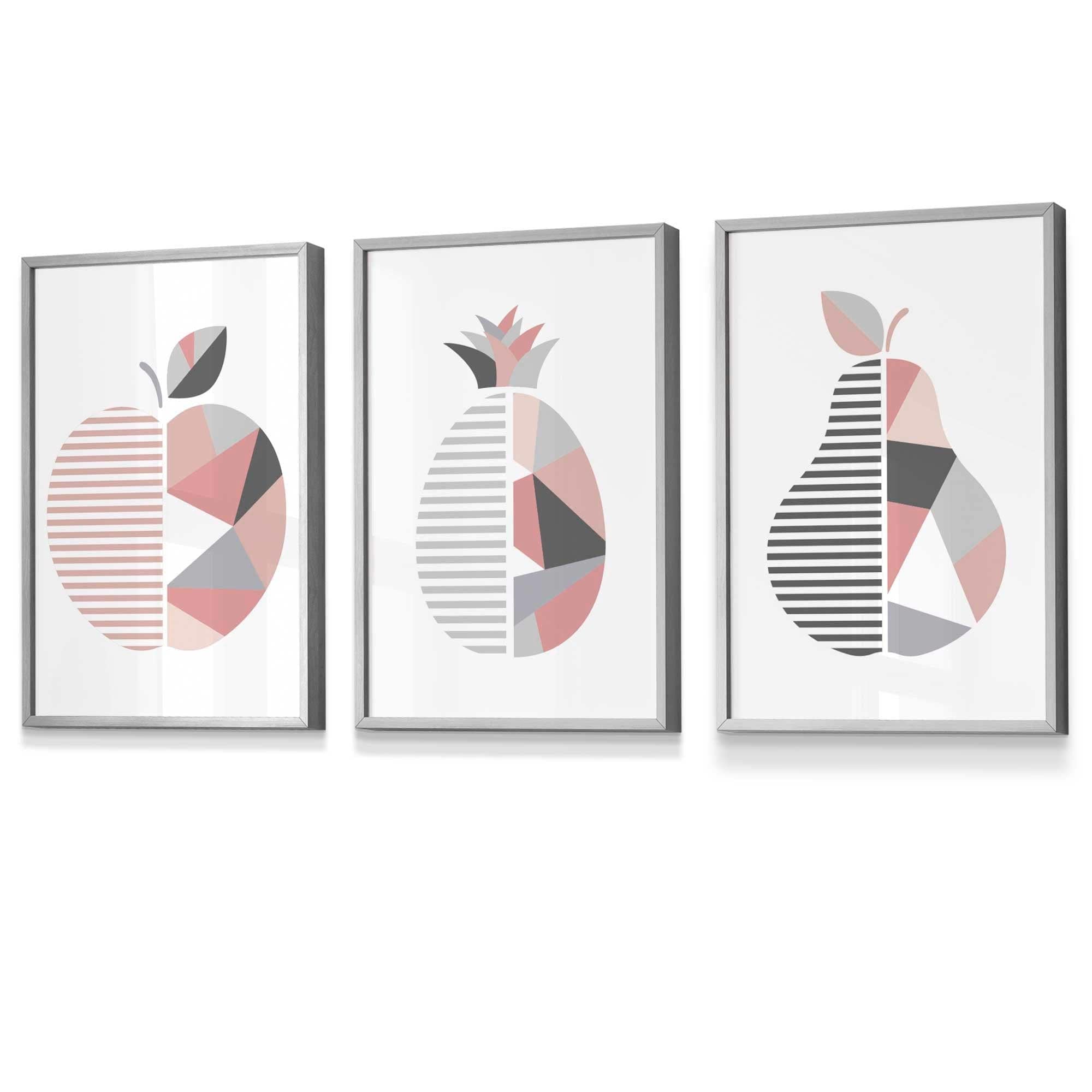 Set of 3 FRAMED Blush Pink and Grey Geometric Line Wall Art Fruit Featuring Apple Pear and Pineapple | Artze Wall Art UK