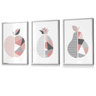 Set of 3 FRAMED Blush Pink and Grey Geometric Line Wall Art Fruit Featuring Apple Pear and Pineapple | Artze Wall Art UK