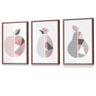 Set of 3 FRAMED Blush Pink and Grey Geometric Line Wall Art Fruit Featuring Apple Pear and Pineapple | Artze Wall Art UK