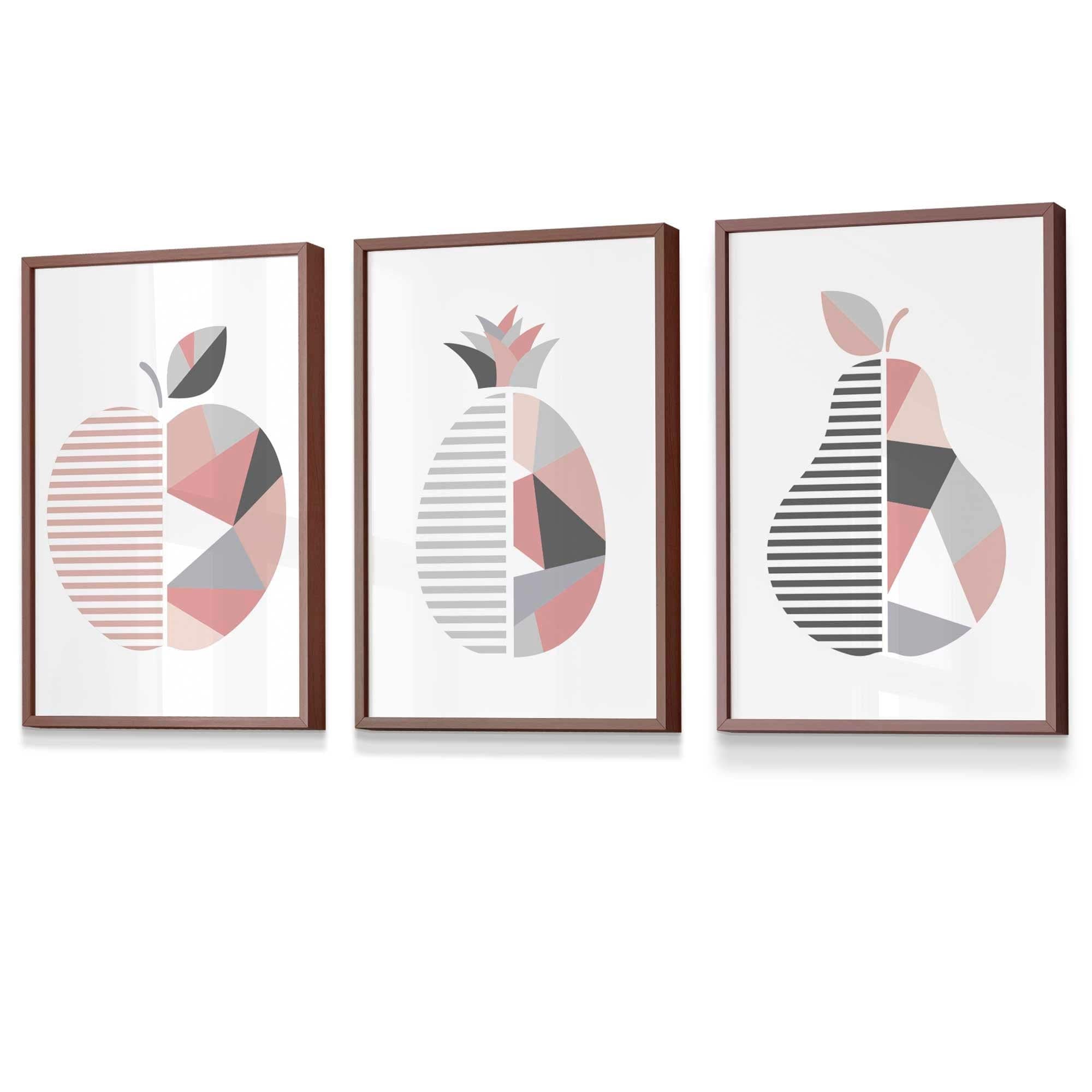 Set of 3 FRAMED Blush Pink and Grey Geometric Line Wall Art Fruit Featuring Apple Pear and Pineapple | Artze Wall Art UK