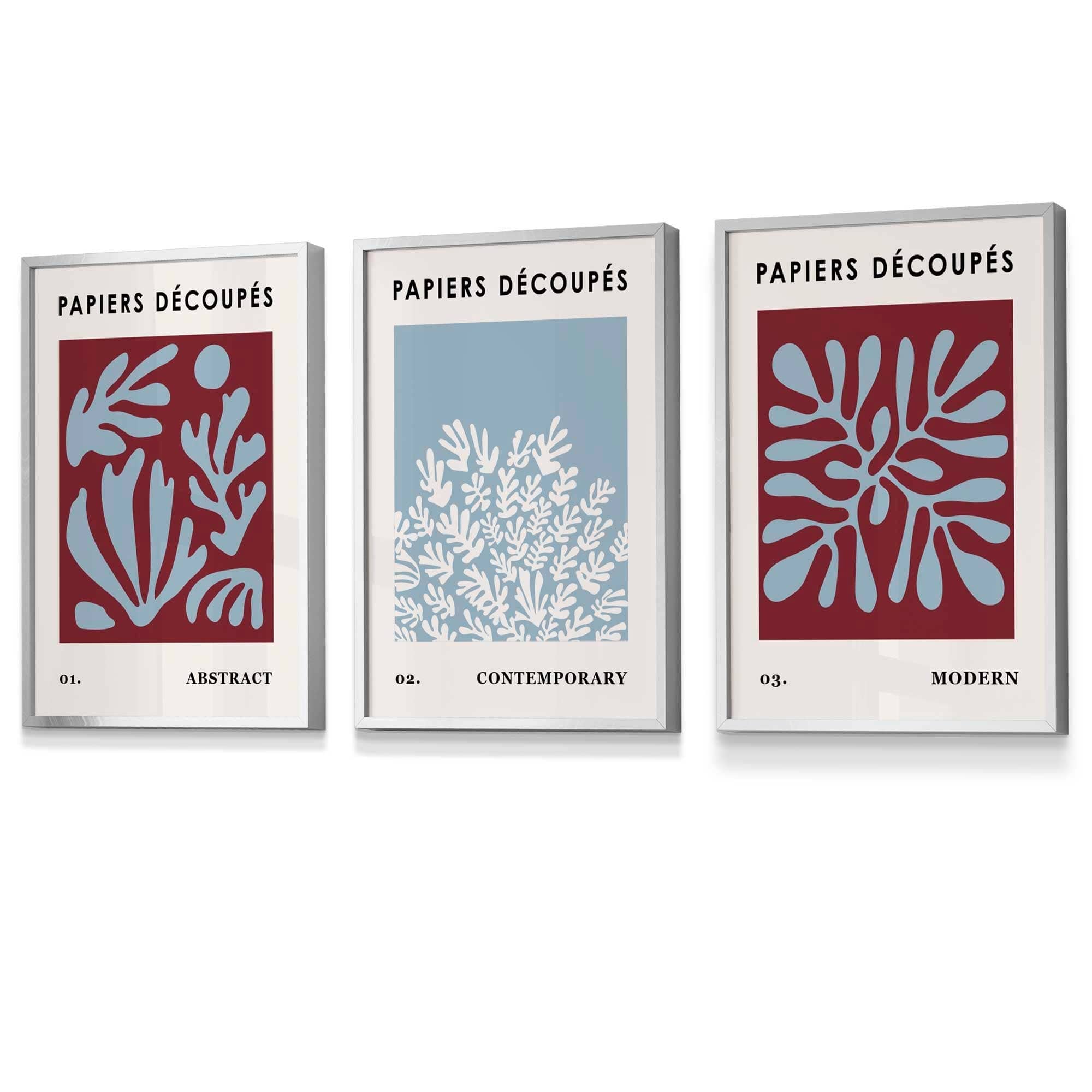 Matisse Floral Set of 3 FRAMED Wall Art Prints in Purple and Blue with Ivory | Artze Wall Art UK