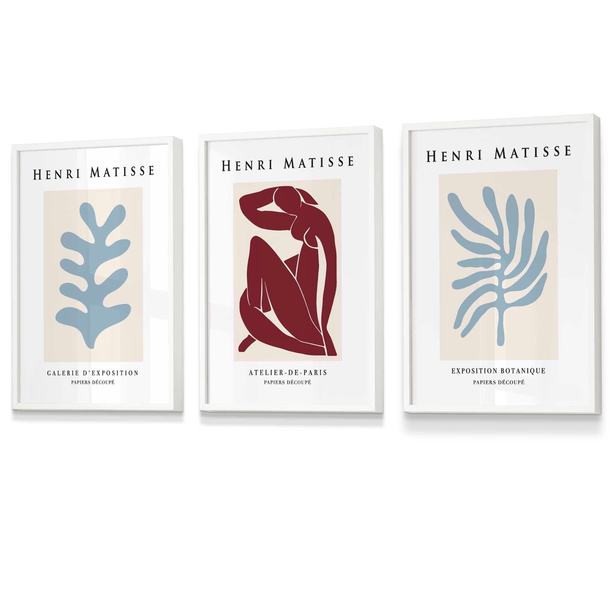Matisse Floral and Nude Set of 3 FRAMED Wall Art Prints in Red and Light Blue Henri Matisse Cutouts Mid Century Modern | Artze Wall Art UK