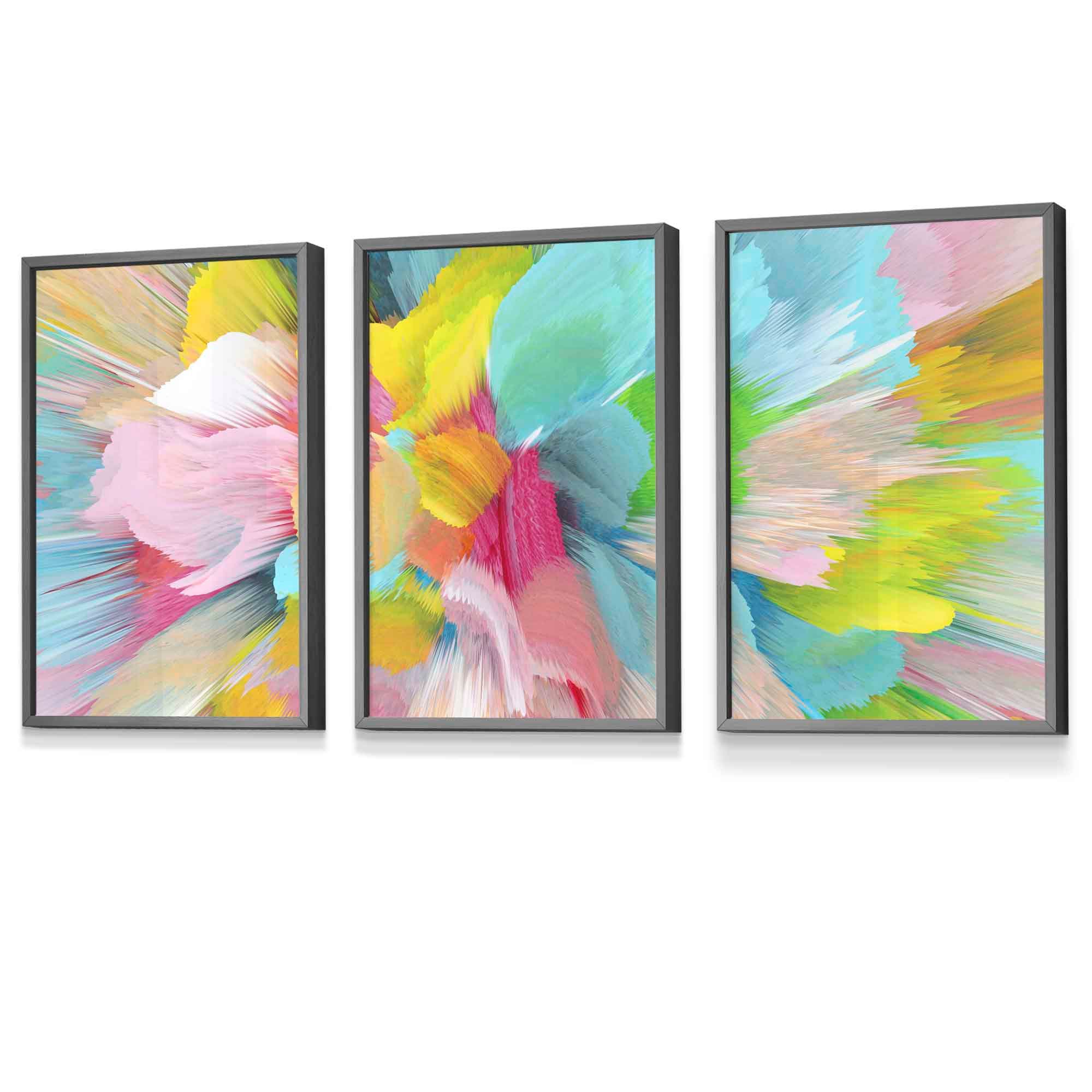 Set of 3 Abstract Bright Painted Fractal Wall Art Prints Framed Colourful Posters | Artze Wall Art UK