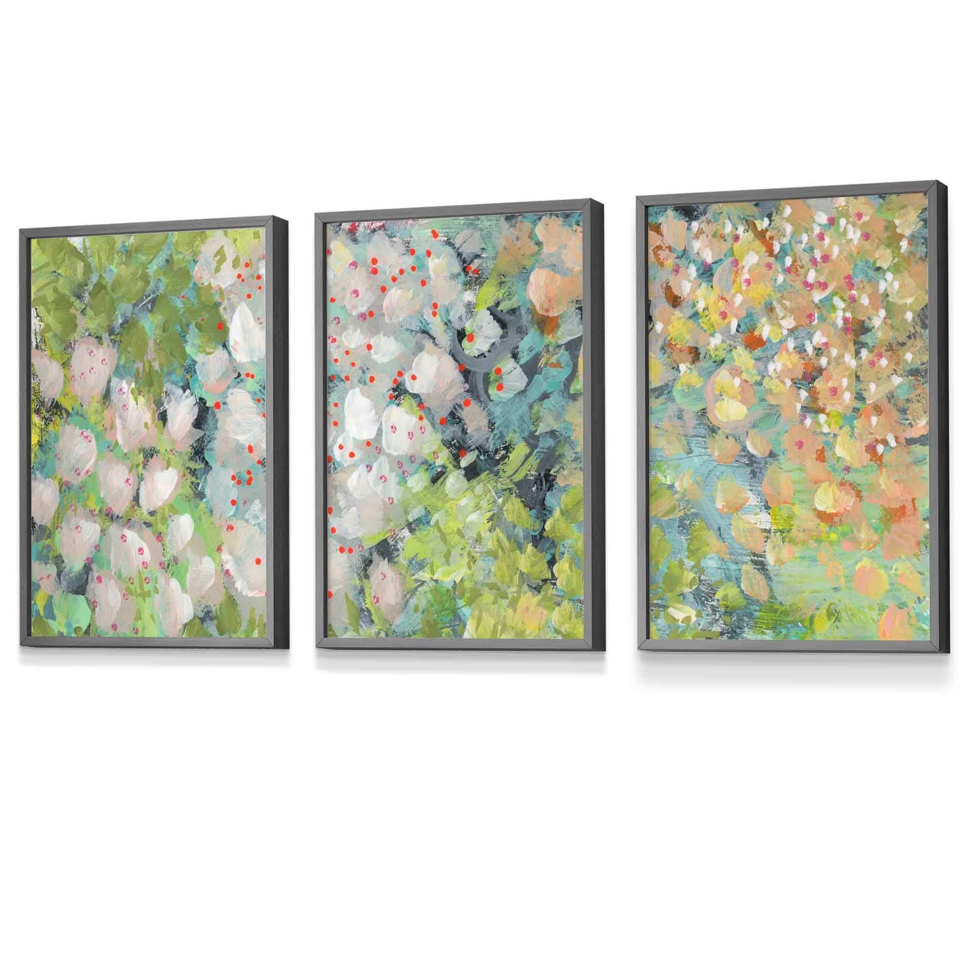 Set of 3 Framed Abstract Cottage Garden Flowers in Green Wall Art Prints | Artze Wall Art UK