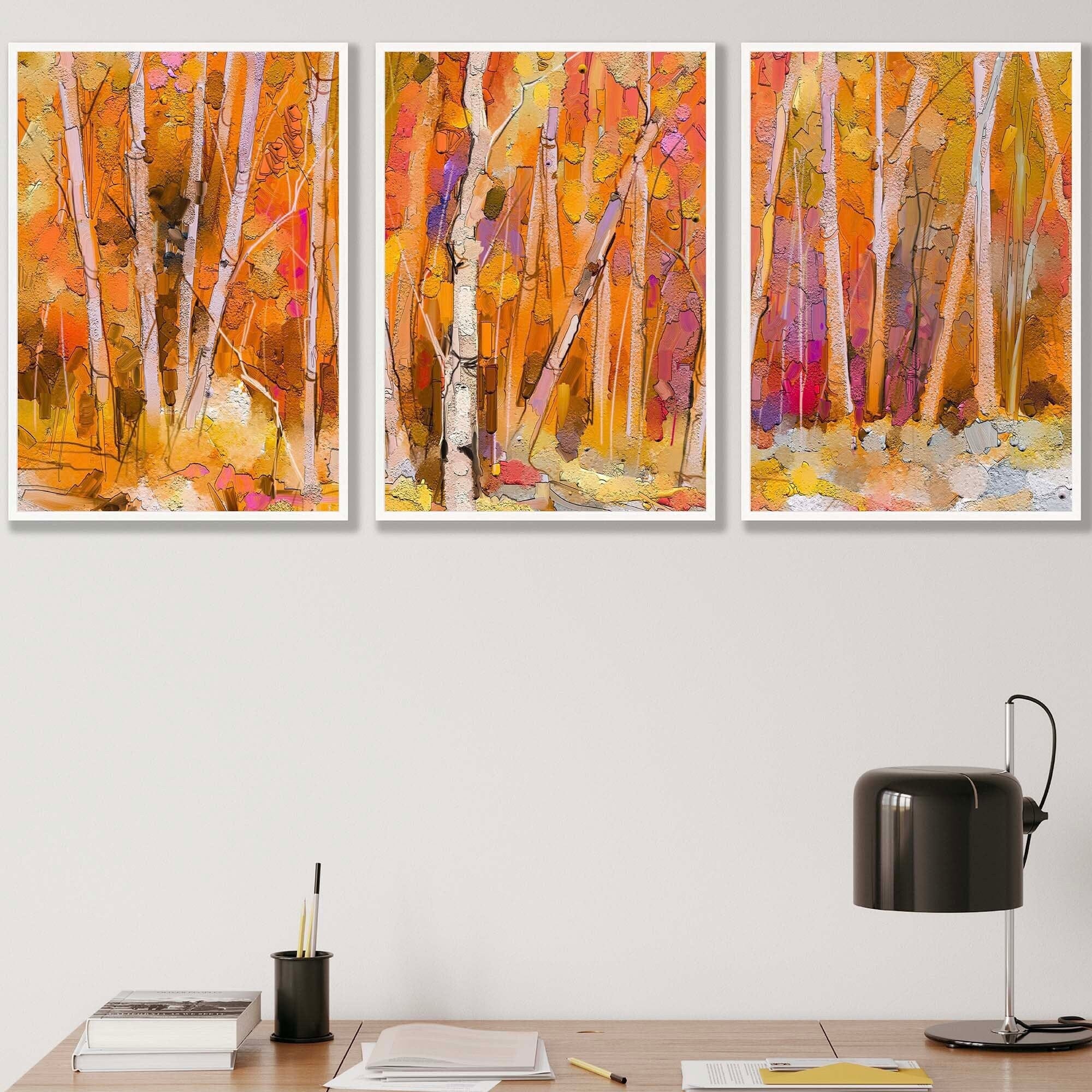 FRAMED Set of 3 Abstract Autumn Trees in Orange Wall Art Prints | Artze Wall Art UK