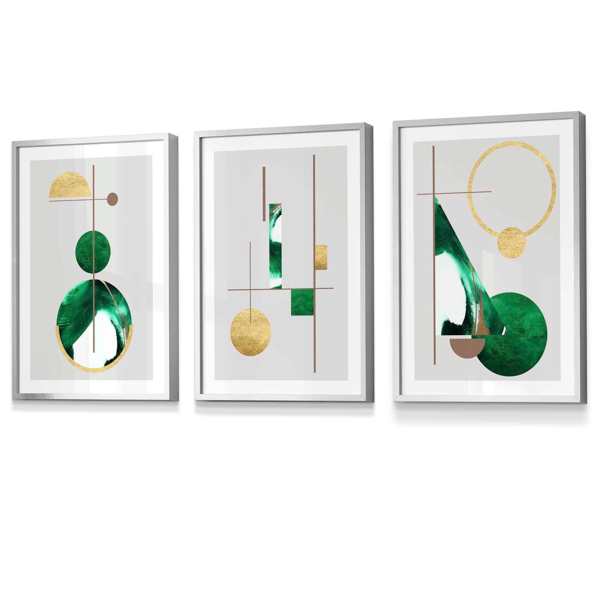 Abstract Textured Geometric Mid Century Modern FRAMED Art in Green and Gold | Artze Wall Art UK