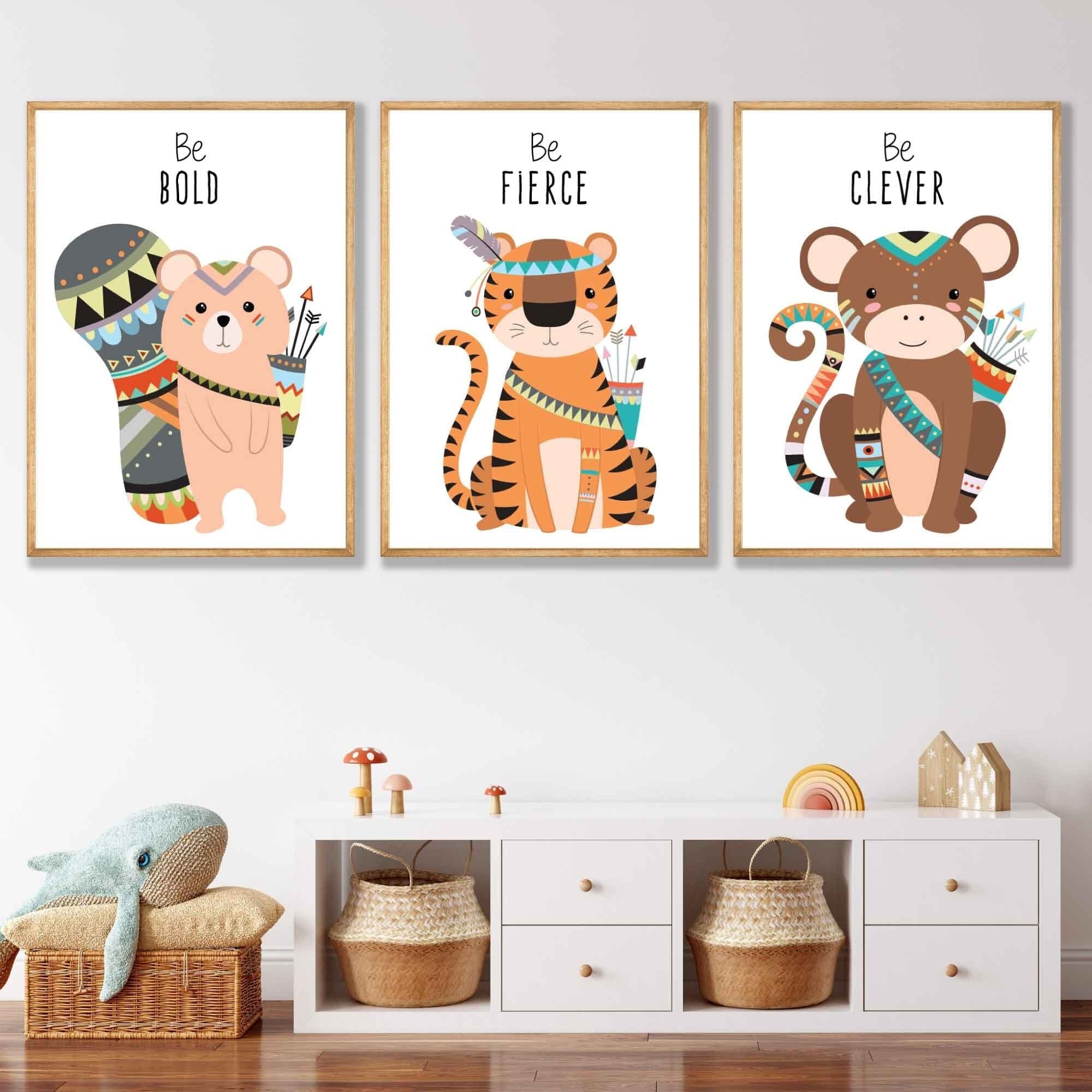 NURSERY Prints Set of 3 Tribal Wall Art Quote Prints Tiger, Monkey Be Curious Wall Art Quote Prints / FRAMED Kids Wall Art | Artze Wall Art UK