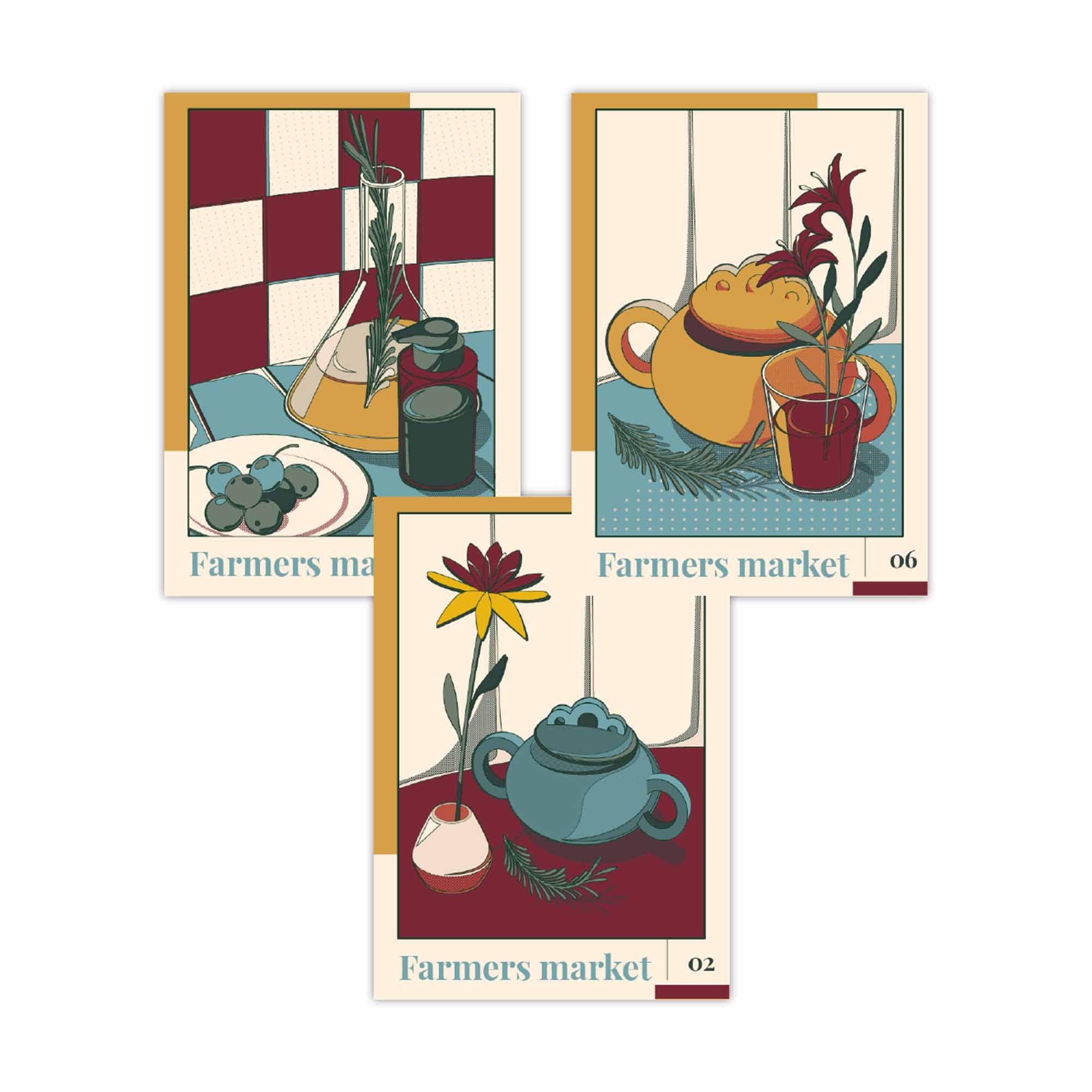 Set of 3 Vintage Kitchen Damson Red, Blue and Yellow Farmers Market FRAMED Wall Art Prints / Posters AW23 Colours