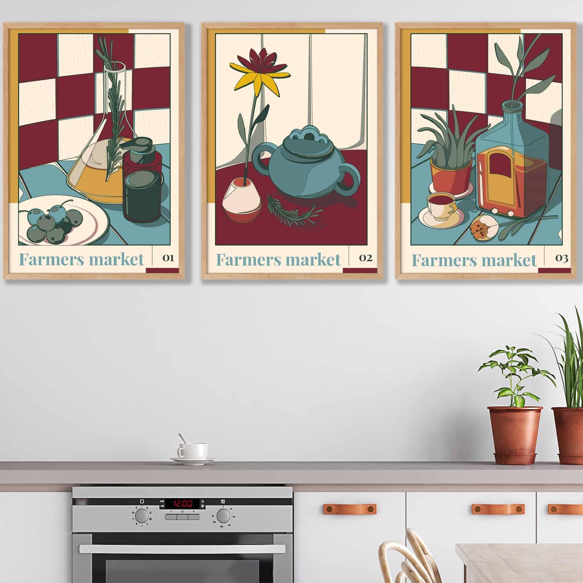 Set of 3 Vintage Kitchen Damson Red, Blue and Yellow Farmers Market FRAMED Wall Art Prints / Posters AW23 Colours