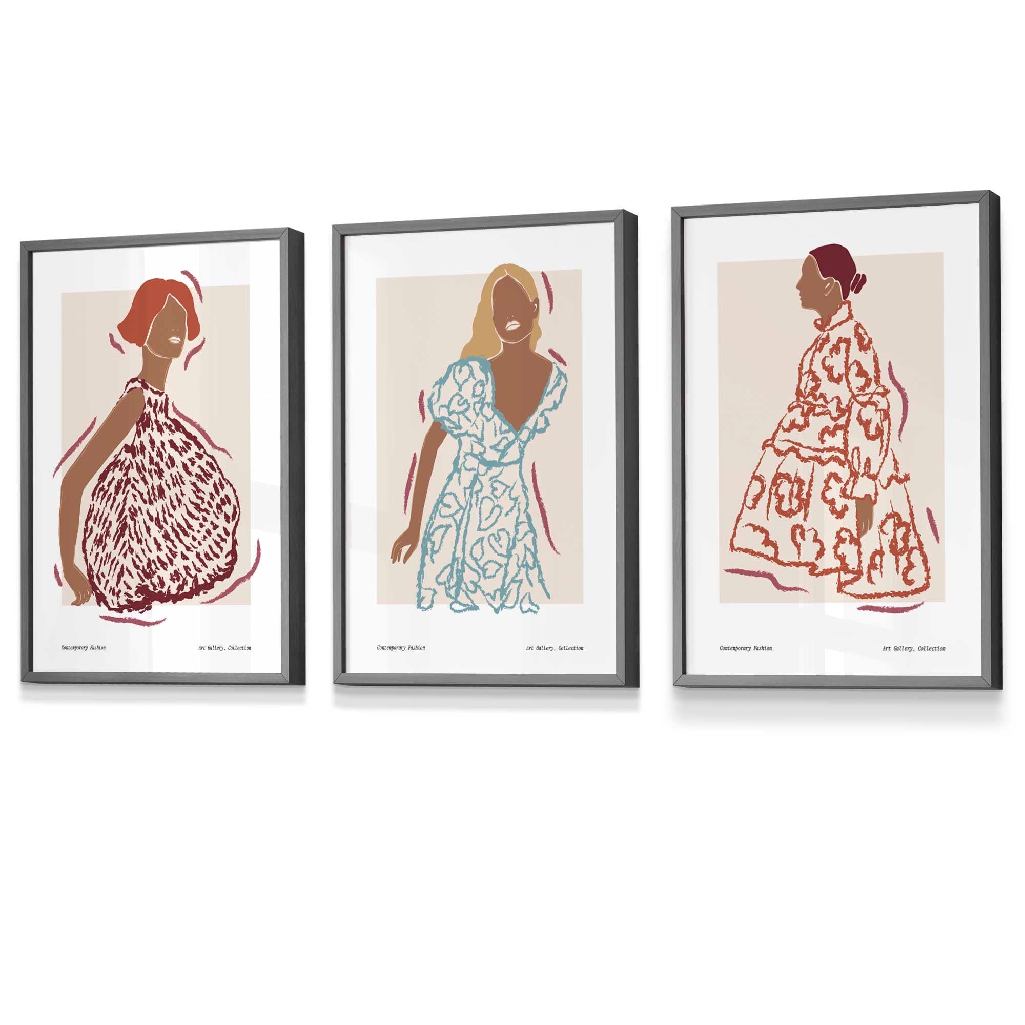 Set of 3 Fashion Figures Framed Wall Art Prints in Autumn Colours | Artze Wall Art UK