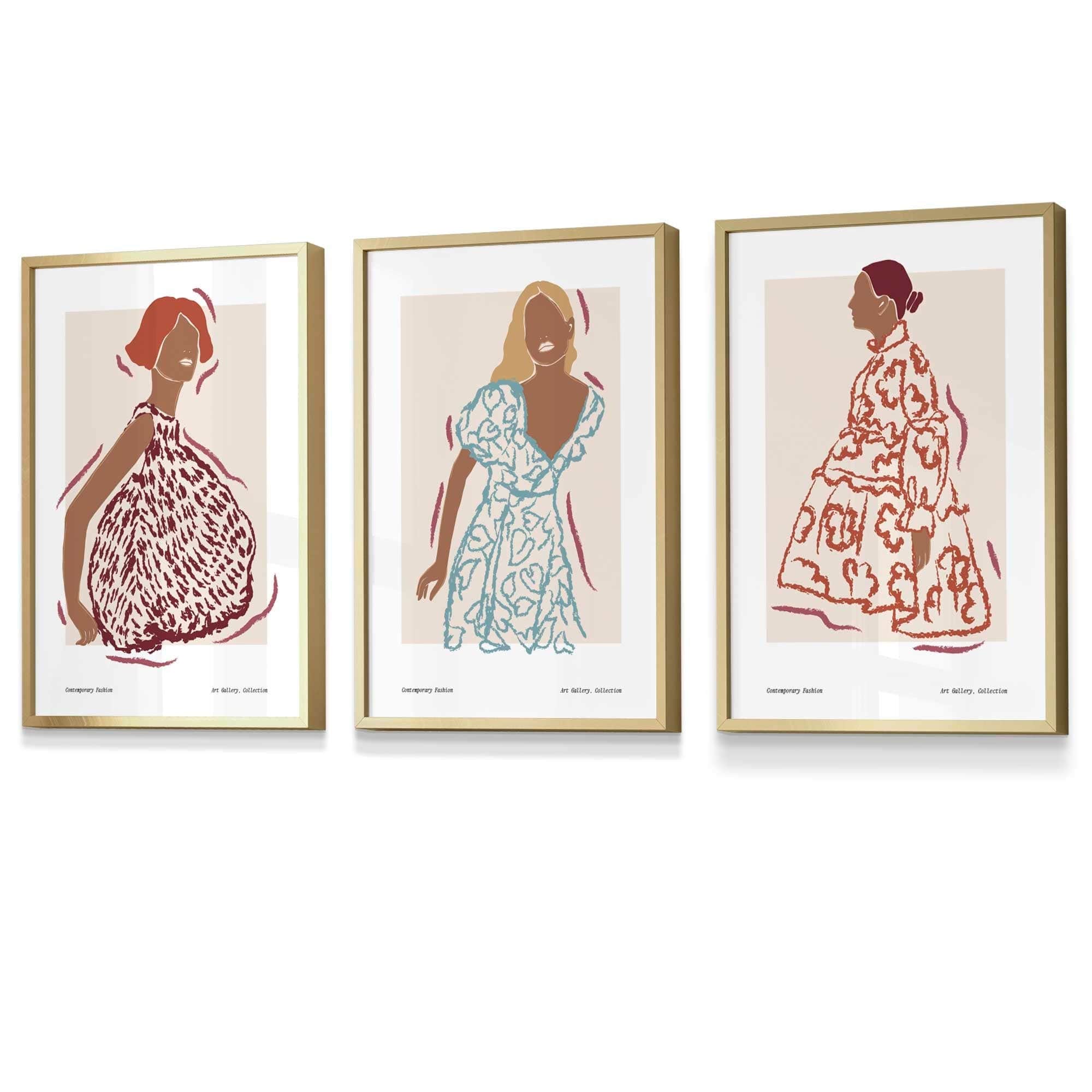 Set of 3 Fashion Figures Framed Wall Art Prints in Autumn Colours | Artze Wall Art UK
