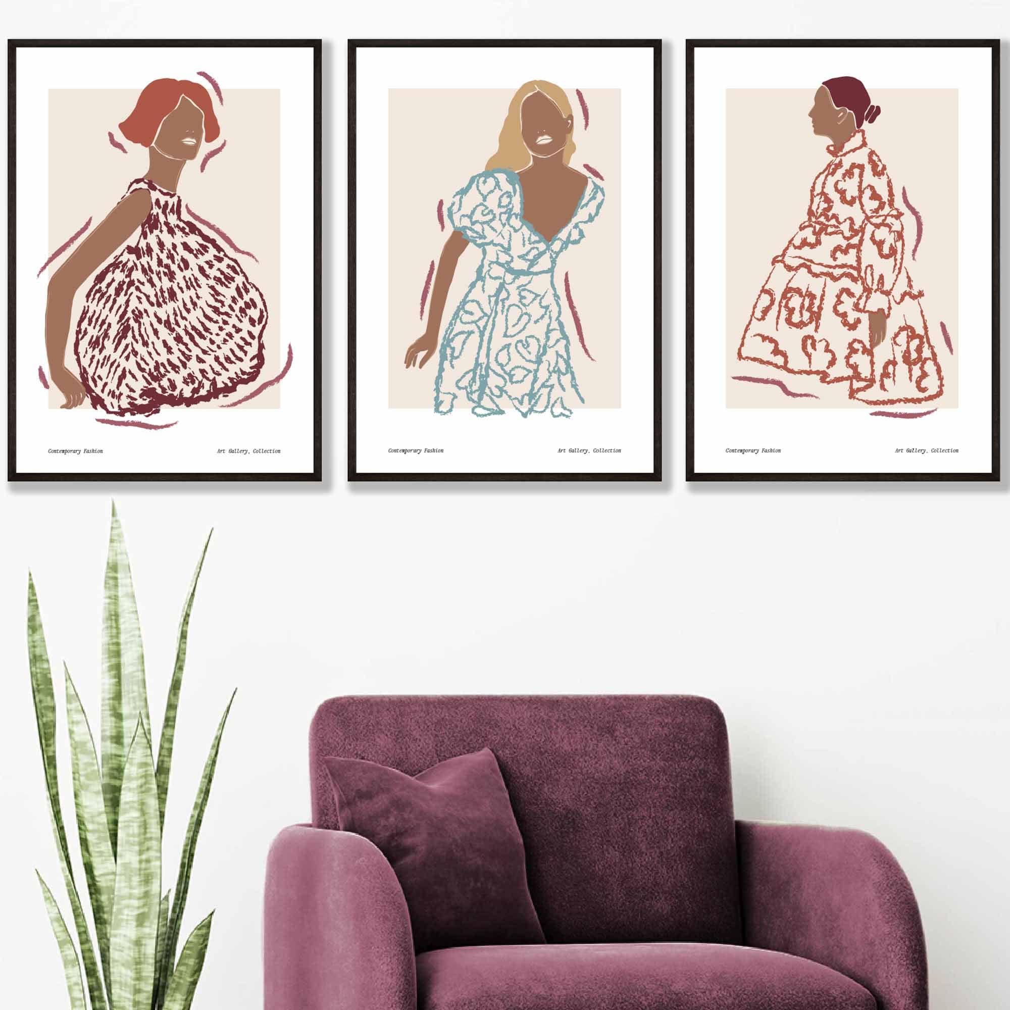 Set of 3 Fashion Figures Framed Wall Art Prints in Autumn Colours | Artze Wall Art UK