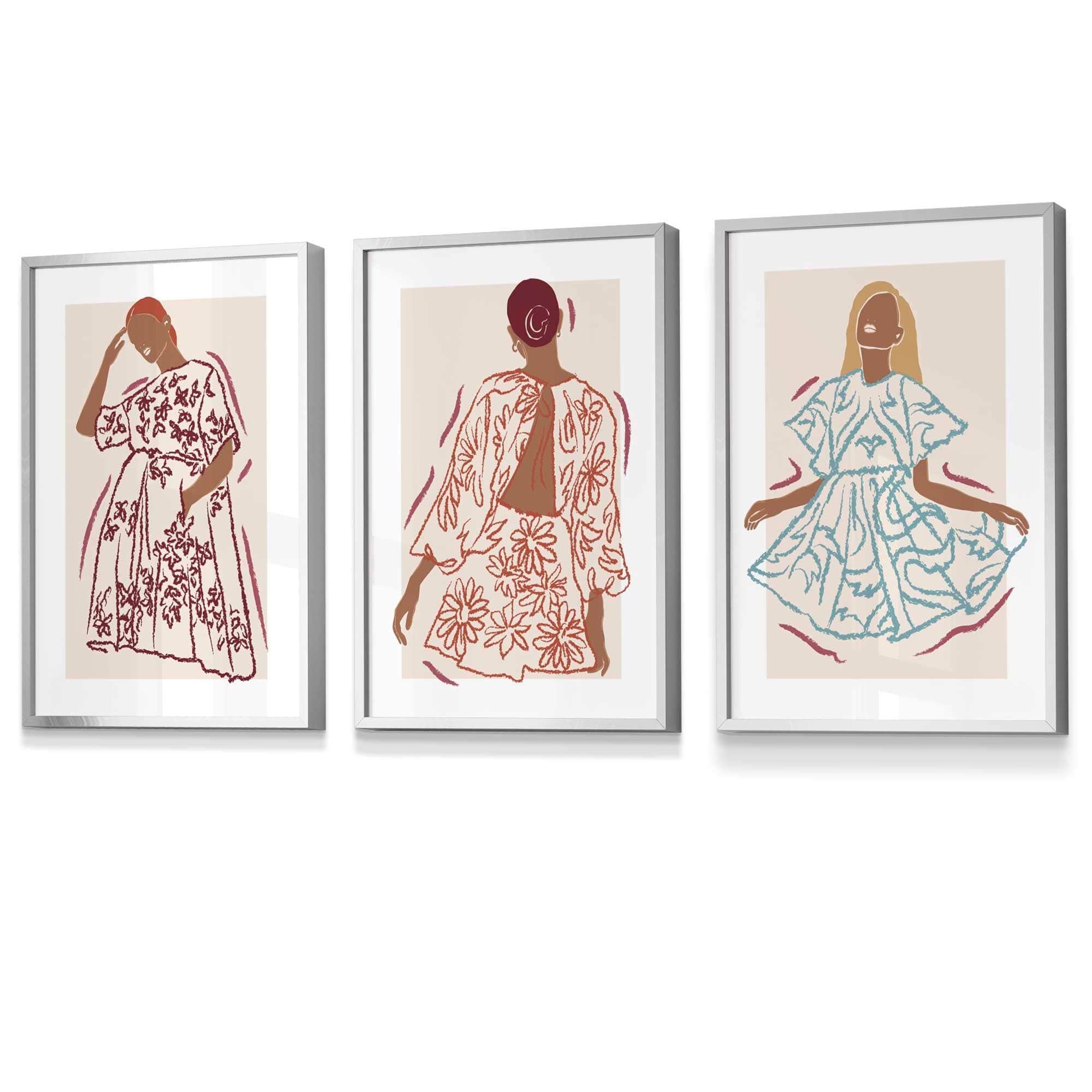 Set of 3 Framed Sketch Fashion Women in Autumn Colours | Artze Wall Art UK