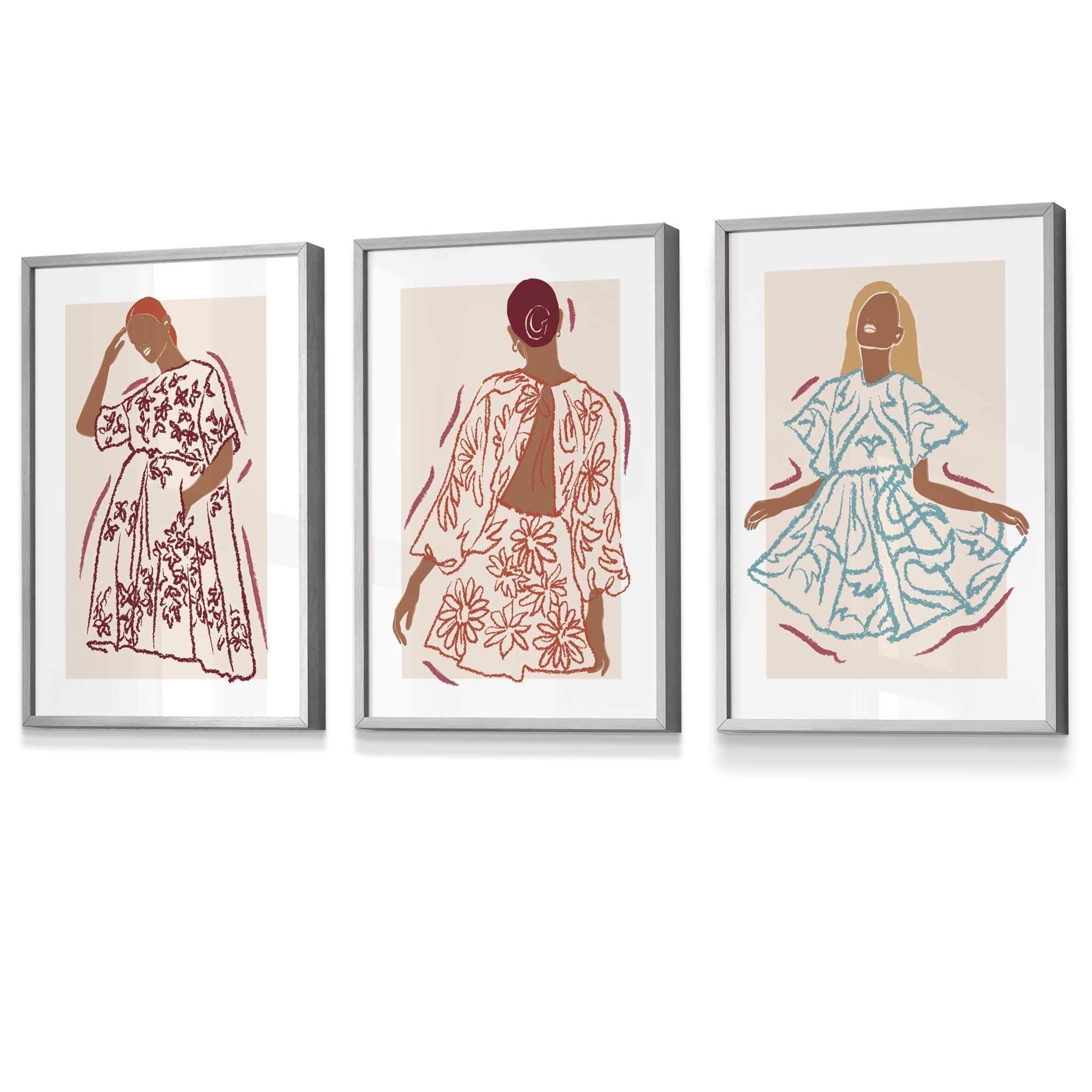 Set of 3 Framed Sketch Fashion Women in Autumn Colours | Artze Wall Art UK