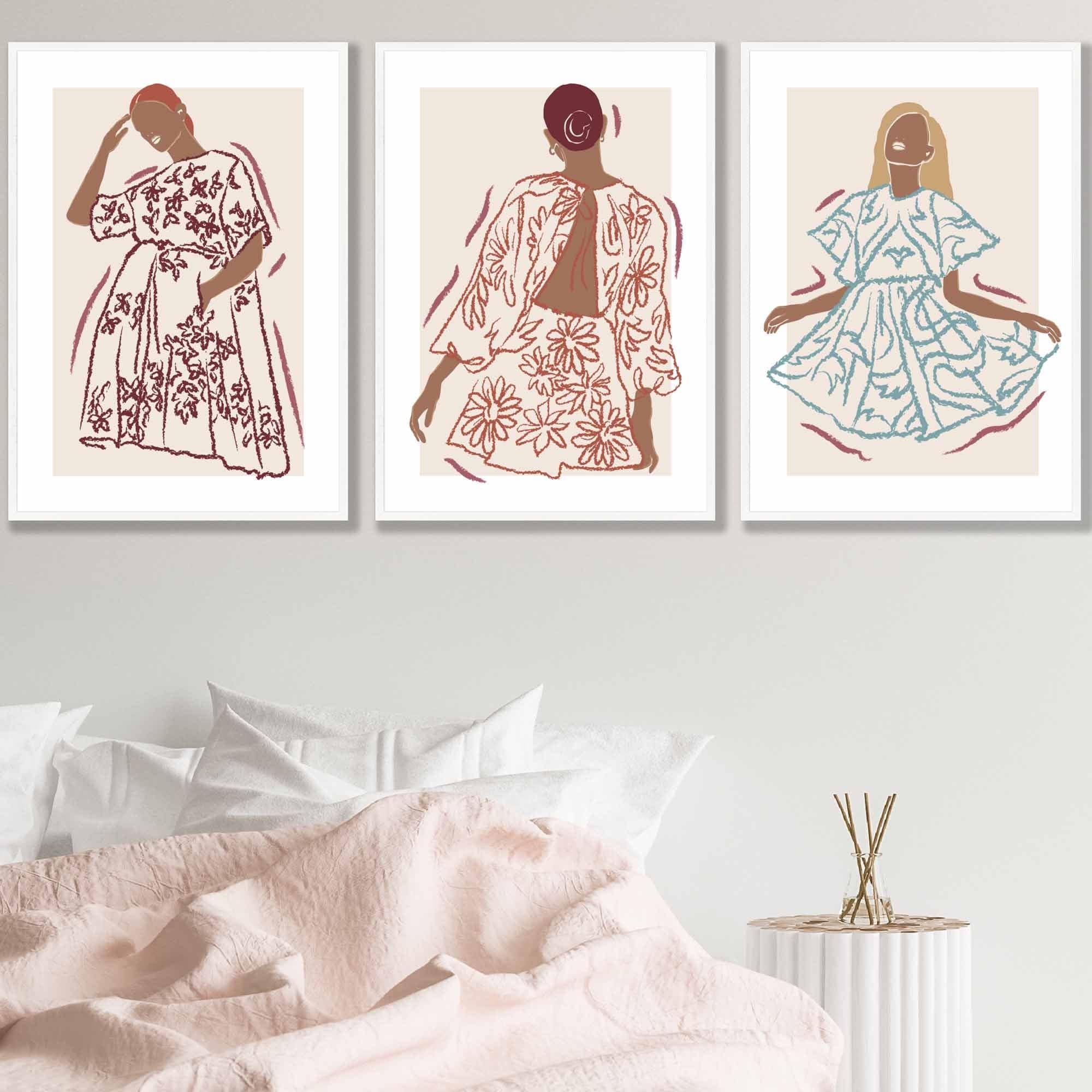 Set of 3 Framed Sketch Fashion Women in Autumn Colours | Artze Wall Art UK