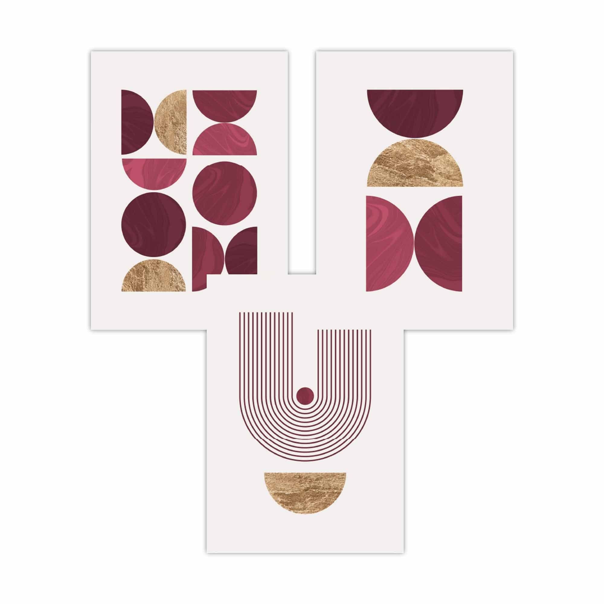Set of 3 Red & Gold Geometric Framed Wall Art Prints | Artze Wall Art UK