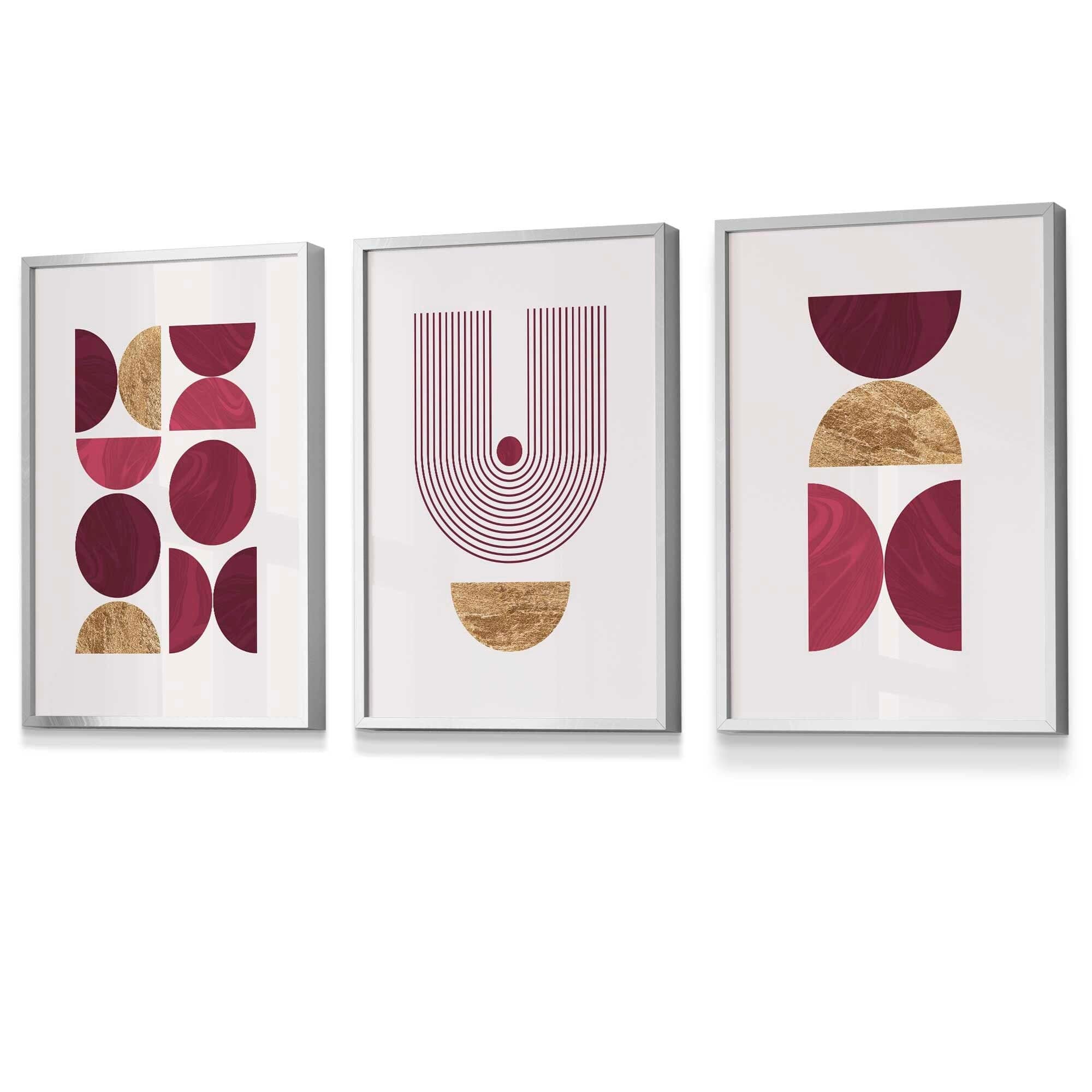 Set of 3 Red & Gold Geometric Framed Wall Art Prints | Artze Wall Art UK