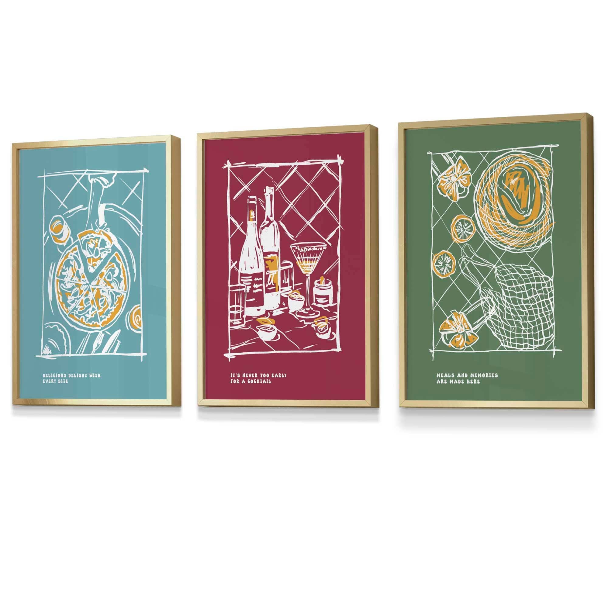 Framed Set of 3 Sketch Line Art Kitchen Quote Prints in Autumn Colours | Artze Wall Art UK