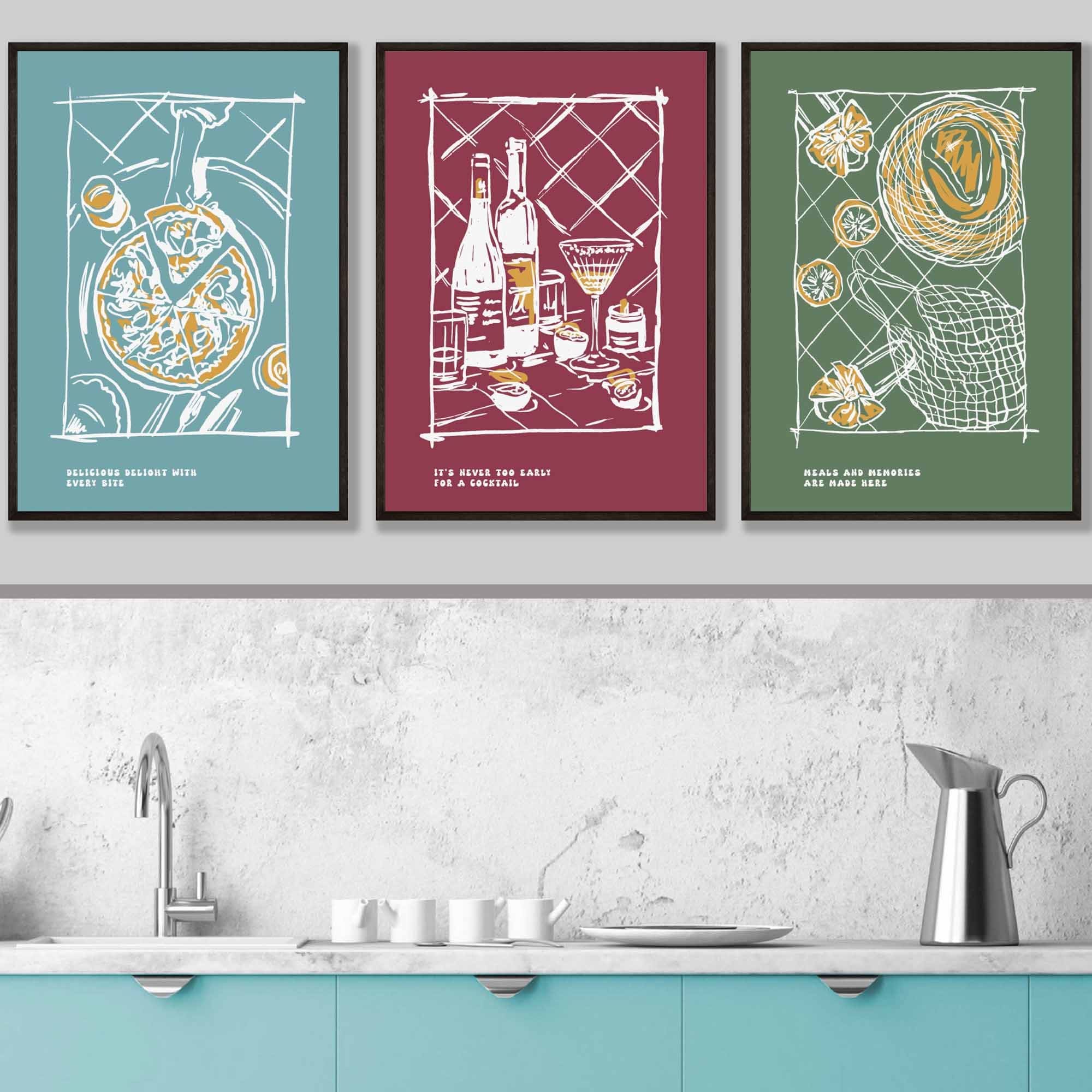 Framed Set of 3 Sketch Line Art Kitchen Quote Prints in Autumn Colours | Artze Wall Art UK