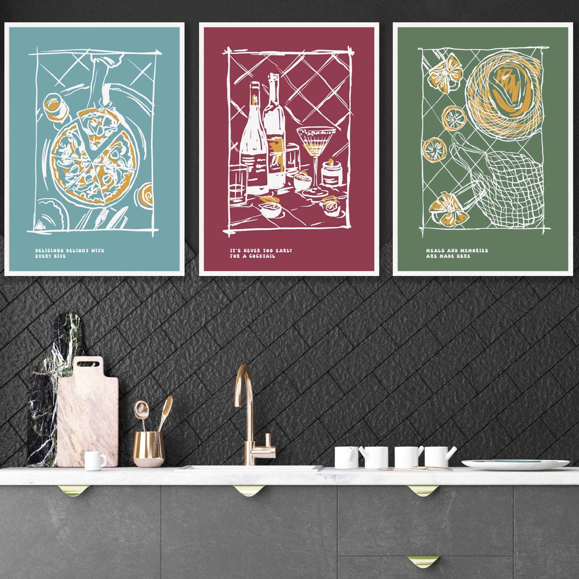 Framed Set of 3 Sketch Line Art Kitchen Quote Prints in Autumn Colours | Artze Wall Art UK