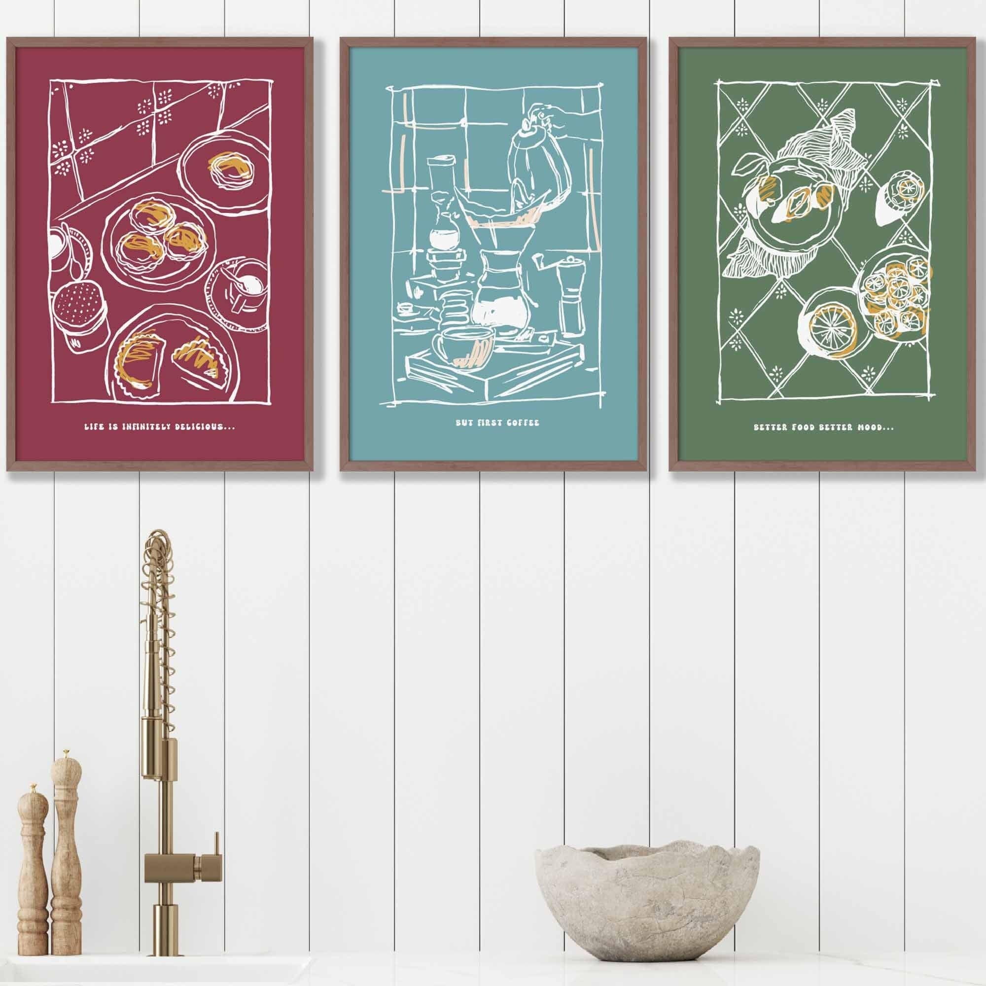 Set of 3 Framed Sketch Line Art Kitchen Quote Prints in Red, Sage Green and Light Blue | Artze Wall Art UK