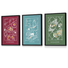 Set of 3 Sketch Line Art Kitchen Quote Prints in Red,Blue and Green FRAMED | Artze Wall Art UK