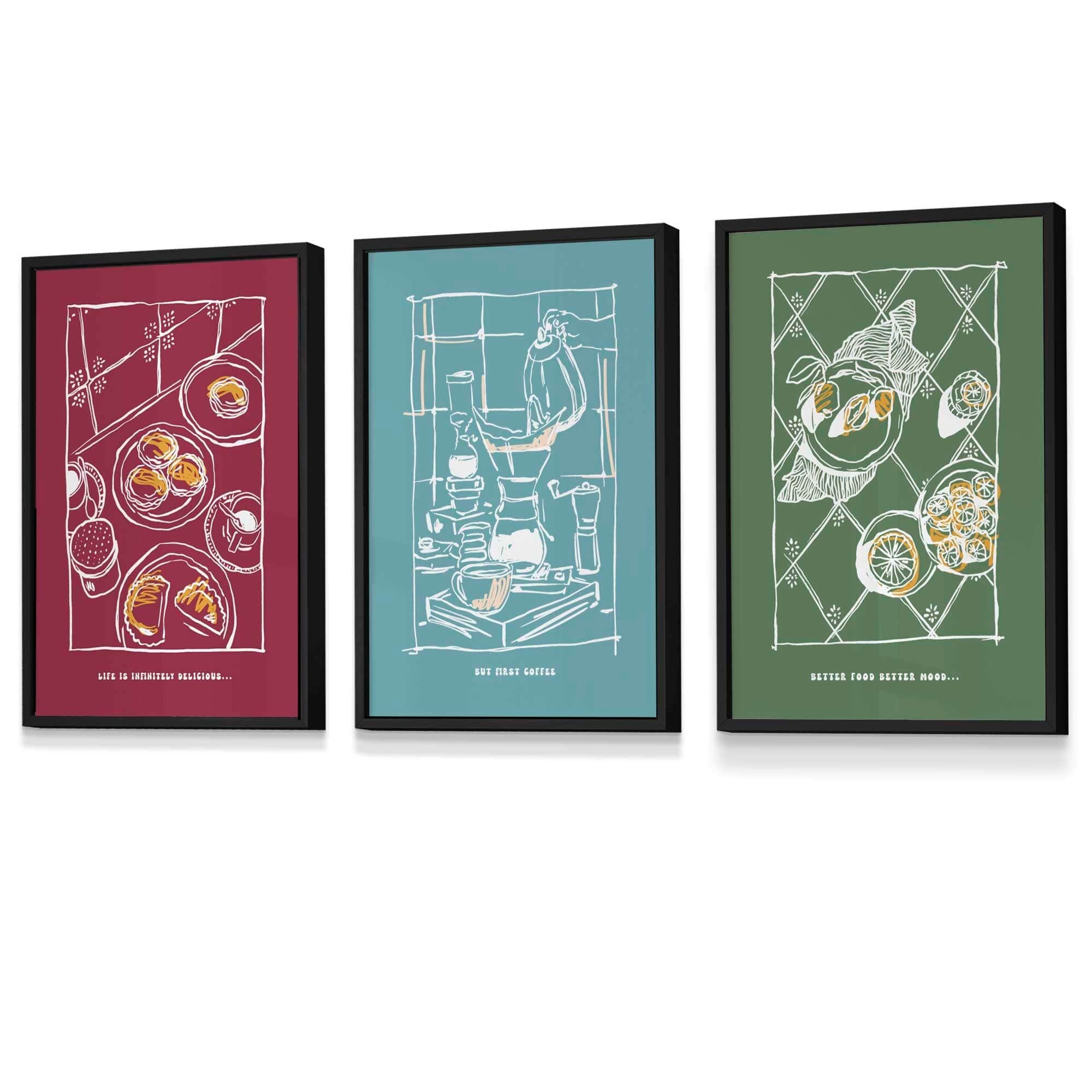 Set of 3 Sketch Line Art Kitchen Quote Prints in Red,Blue and Green FRAMED | Artze Wall Art UK