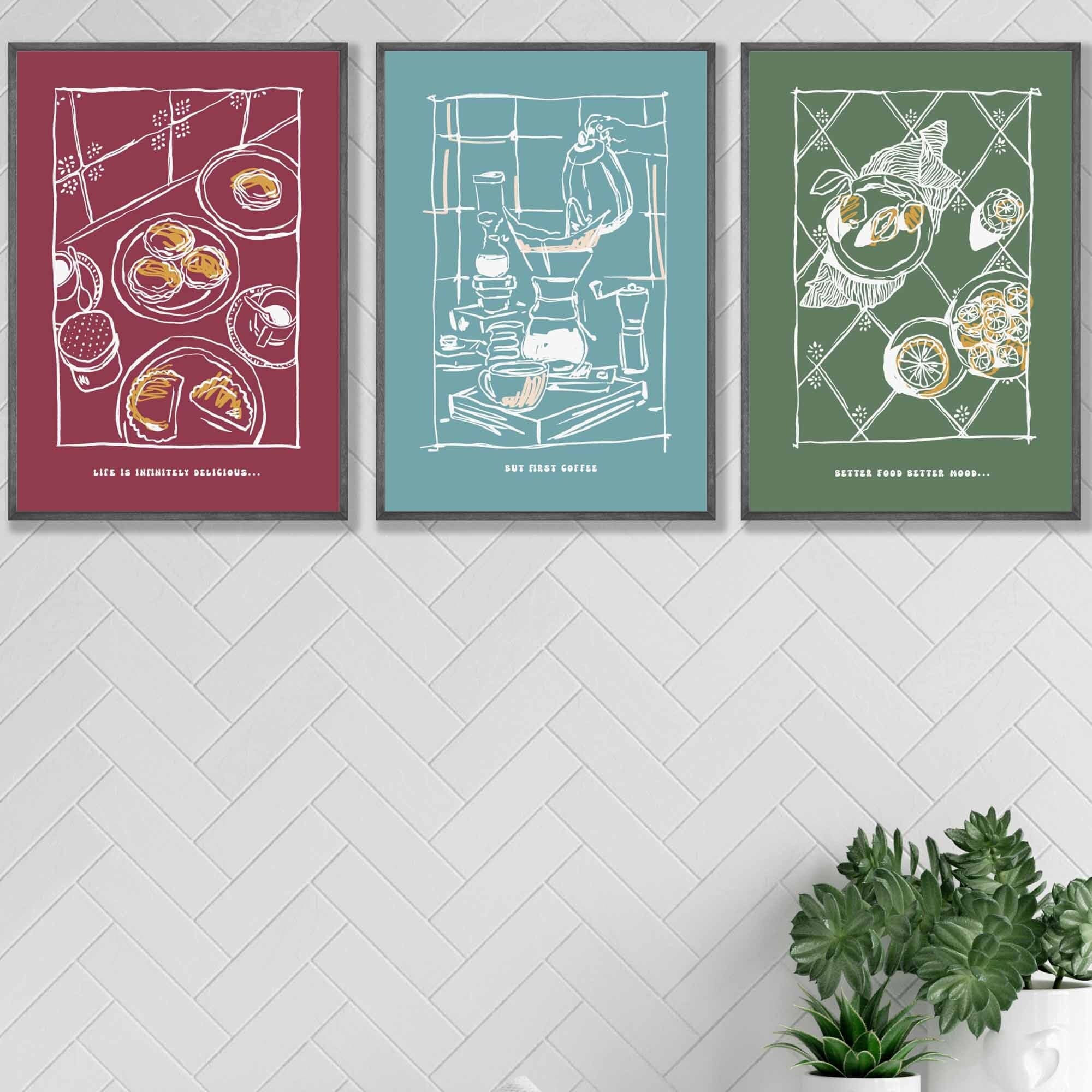 Set of 3 Sketch Line Art Kitchen Quote Prints in Red,Blue and Green FRAMED | Artze Wall Art UK