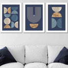 Set of 3 FRAMED Mid Century Modern Geometric Navy Blue with Beige and Gold Wall Art Prints | Artze Wall Art UK