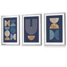 Set of 3 FRAMED Mid Century Modern Geometric Navy Blue with Beige and Gold Wall Art Prints | Artze Wall Art UK