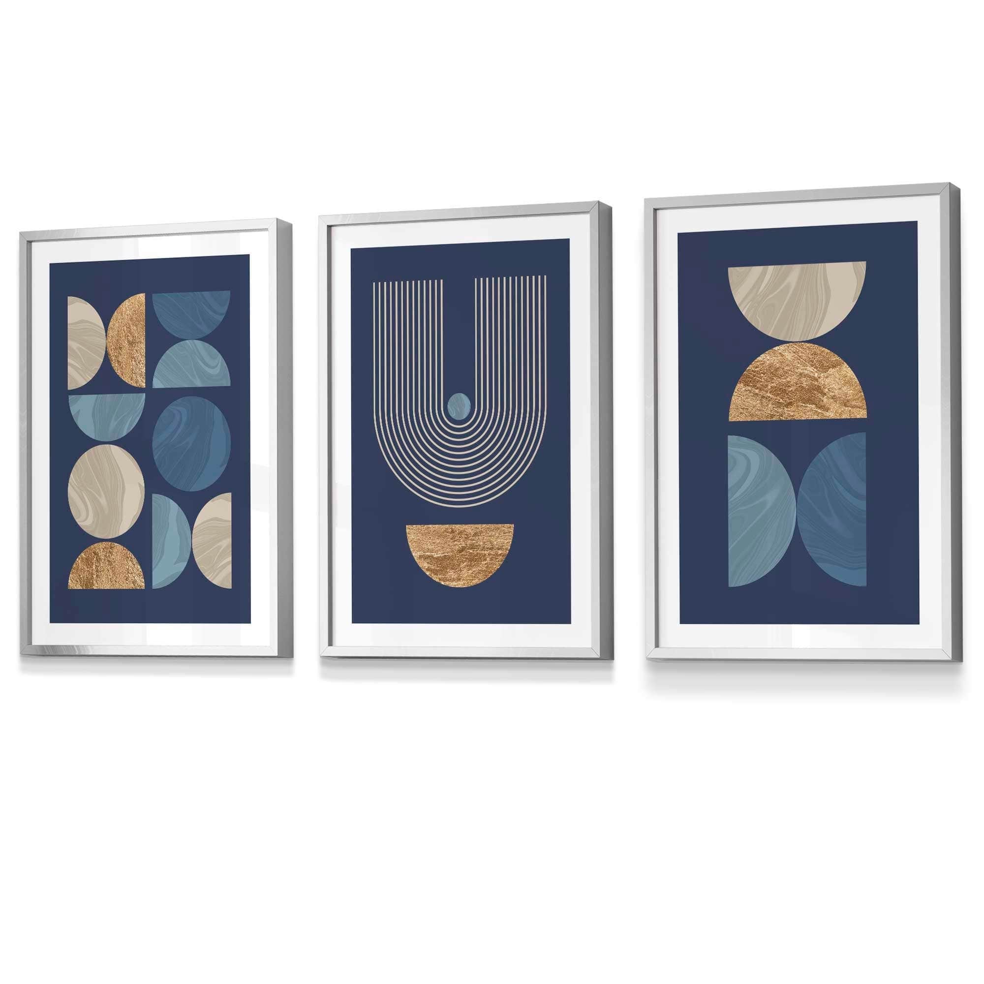 Set of 3 FRAMED Mid Century Modern Geometric Navy Blue with Beige and Gold Wall Art Prints | Artze Wall Art UK