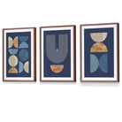 Set of 3 FRAMED Mid Century Modern Geometric Navy Blue with Beige and Gold Wall Art Prints | Artze Wall Art UK