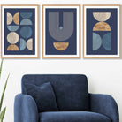 Set of 3 FRAMED Mid Century Modern Geometric Navy Blue with Beige and Gold Wall Art Prints | Artze Wall Art UK