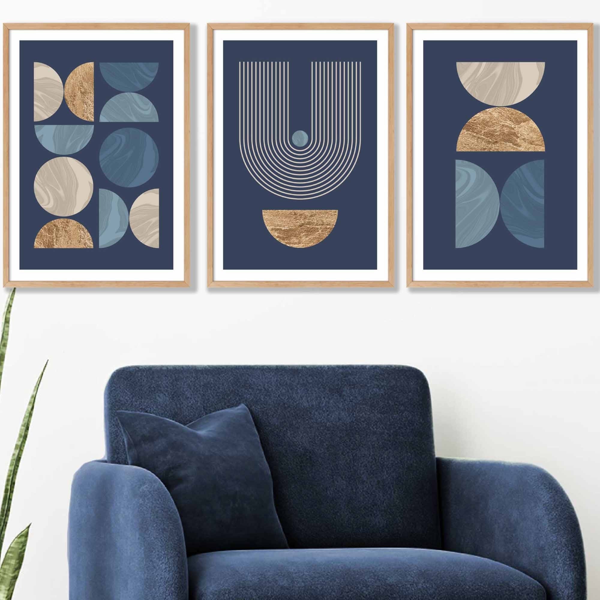 Set of 3 FRAMED Mid Century Modern Geometric Navy Blue with Beige and Gold Wall Art Prints | Artze Wall Art UK