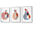 Set of 3 FRAMED Geometric Apple Pineapple Pear Fruit Kitchen Wall Art in Red, Blue and Orange | Artze Wall Art UK