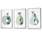 Set of 3  FRAMED Kitchen Wall Art Prints of Geometric Pear, Pineapple and Apple in Shades of Sage Green | Artze Wall Art UK