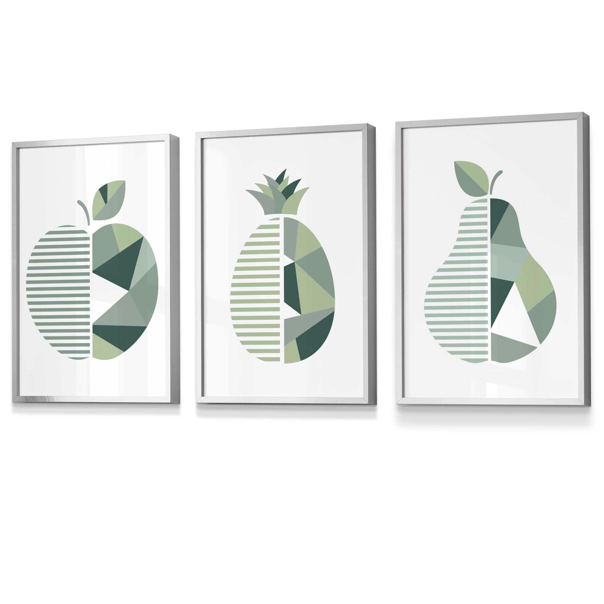 Set of 3  FRAMED Kitchen Wall Art Prints of Geometric Pear, Pineapple and Apple in Shades of Sage Green | Artze Wall Art UK