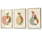 Set of 3 Framed Autumn Geometric Apple Pear Fruit Wall Art in Sage Green, Beige and Orange | Artze Wall Art UK