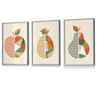 Set of 3 Framed Autumn Geometric Apple Pear Fruit Wall Art in Sage Green, Beige and Orange | Artze Wall Art UK