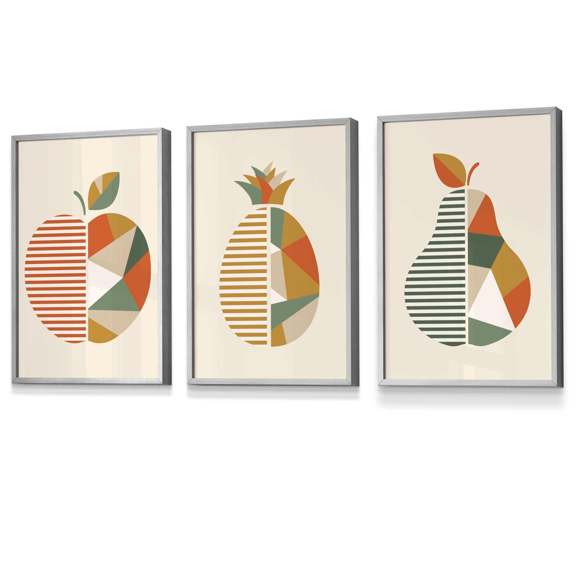 Set of 3 Framed Autumn Geometric Apple Pear Fruit Wall Art in Sage Green, Beige and Orange | Artze Wall Art UK