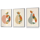Set of 3 Framed Autumn Geometric Apple Pear Fruit Wall Art in Sage Green, Beige and Orange | Artze Wall Art UK