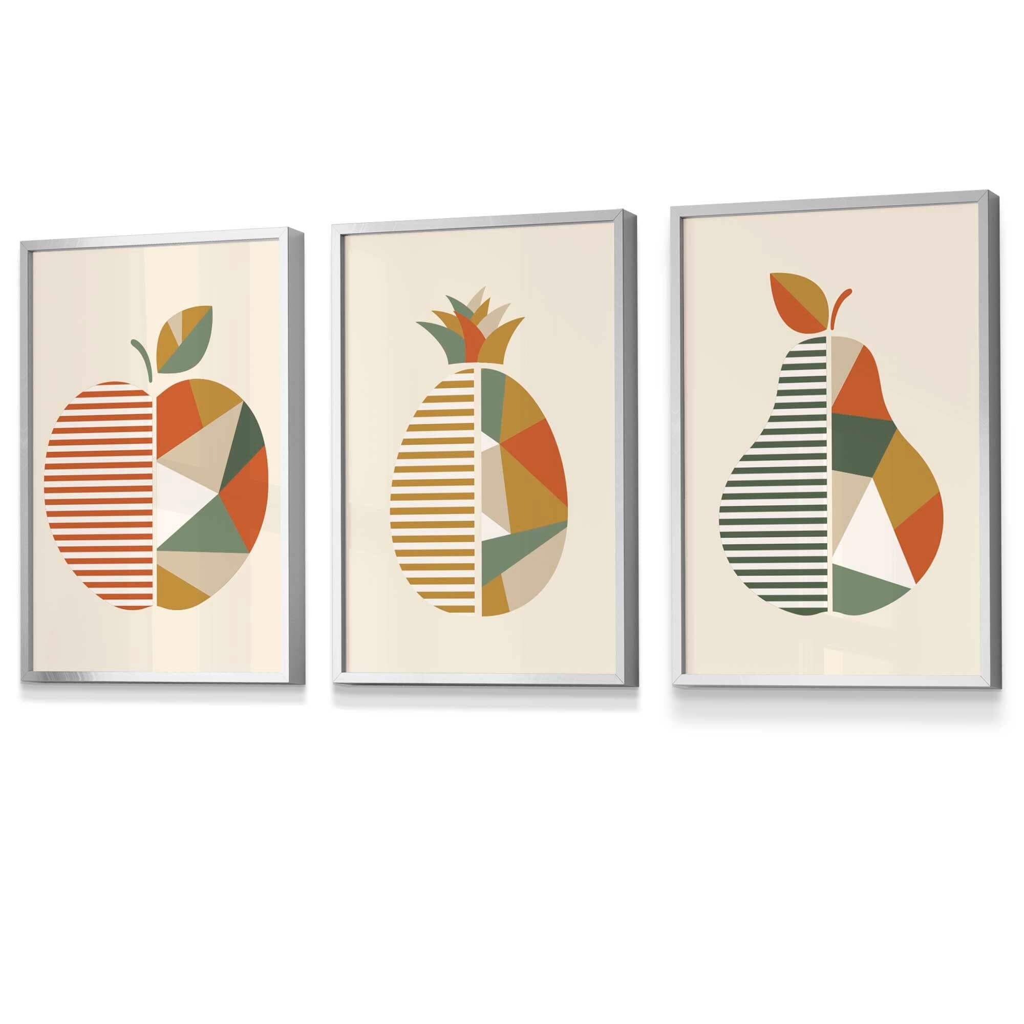 Set of 3 Framed Autumn Geometric Apple Pear Fruit Wall Art in Sage Green, Beige and Orange | Artze Wall Art UK