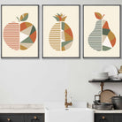 Set of 3 Framed Autumn Geometric Apple Pear Fruit Wall Art in Sage Green, Beige and Orange | Artze Wall Art UK