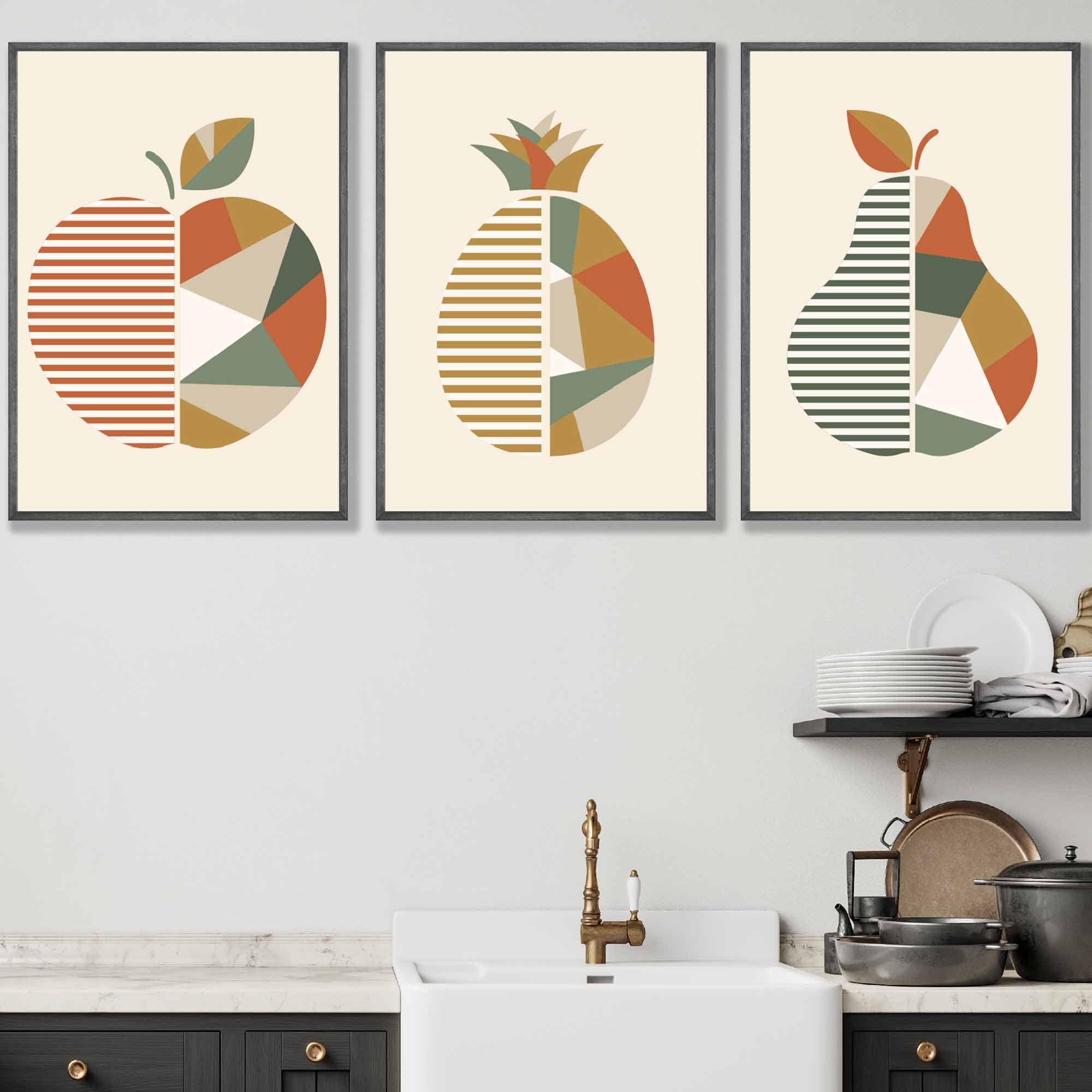 Set of 3 Framed Autumn Geometric Apple Pear Fruit Wall Art in Sage Green, Beige and Orange | Artze Wall Art UK