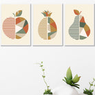 Set of 3 Framed Autumn Geometric Apple Pear Fruit Wall Art in Sage Green, Beige and Orange | Artze Wall Art UK