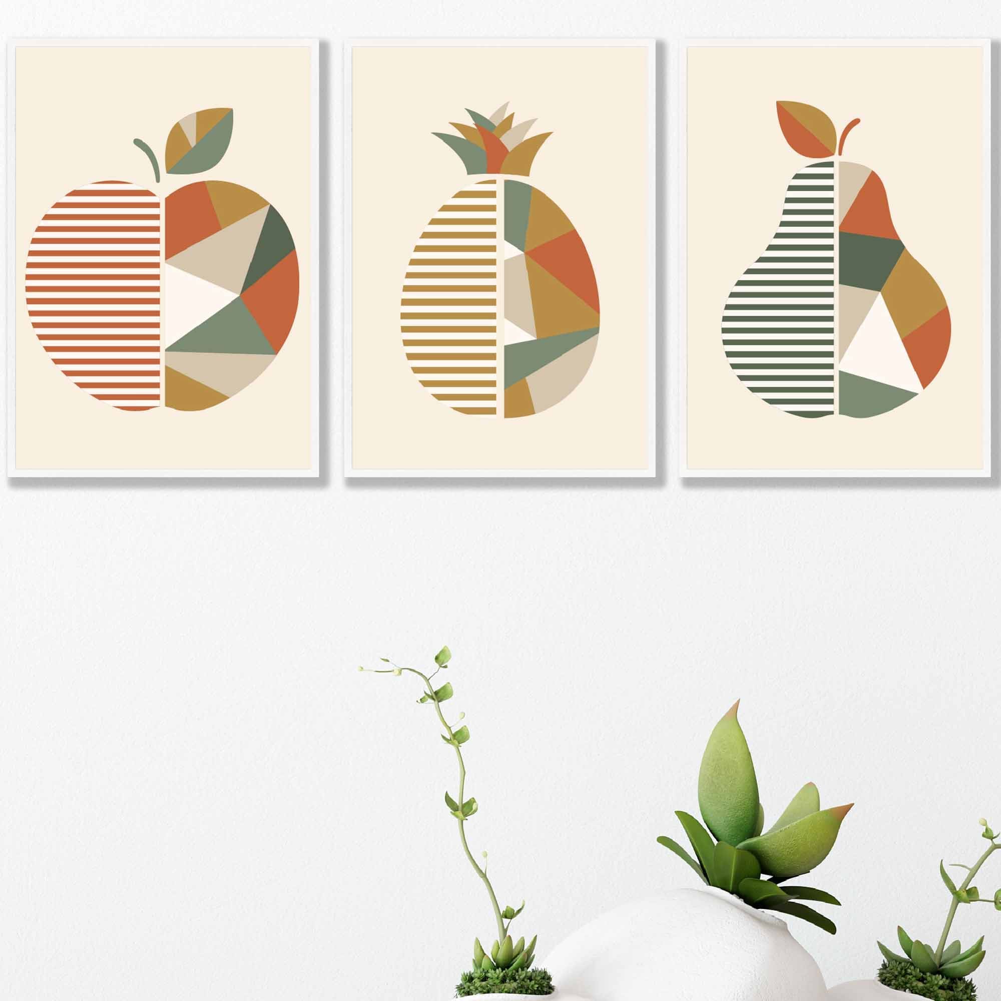 Set of 3 Framed Autumn Geometric Apple Pear Fruit Wall Art in Sage Green, Beige and Orange | Artze Wall Art UK